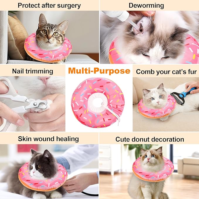 Cat Cone Collar Soft, Comfortable Cat Donut Collar After Surgery, Adjustable Elizabethan Recovery Collars & Cones to Stop Licking, Lightweight Neck Collar Soft Cone for Cats Small Dog (Pink, Large)