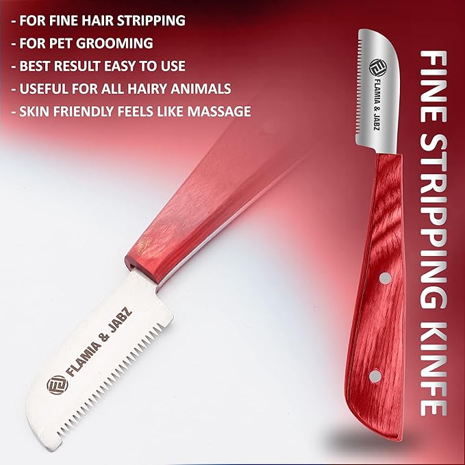 FLAMIA & JABZ FJ Professional Stripping Knife kit (6 pieces set) for Dogs & Pets, Wooden Handle Grip with Stainless Steel Blade (Right handed) (Coral Red)