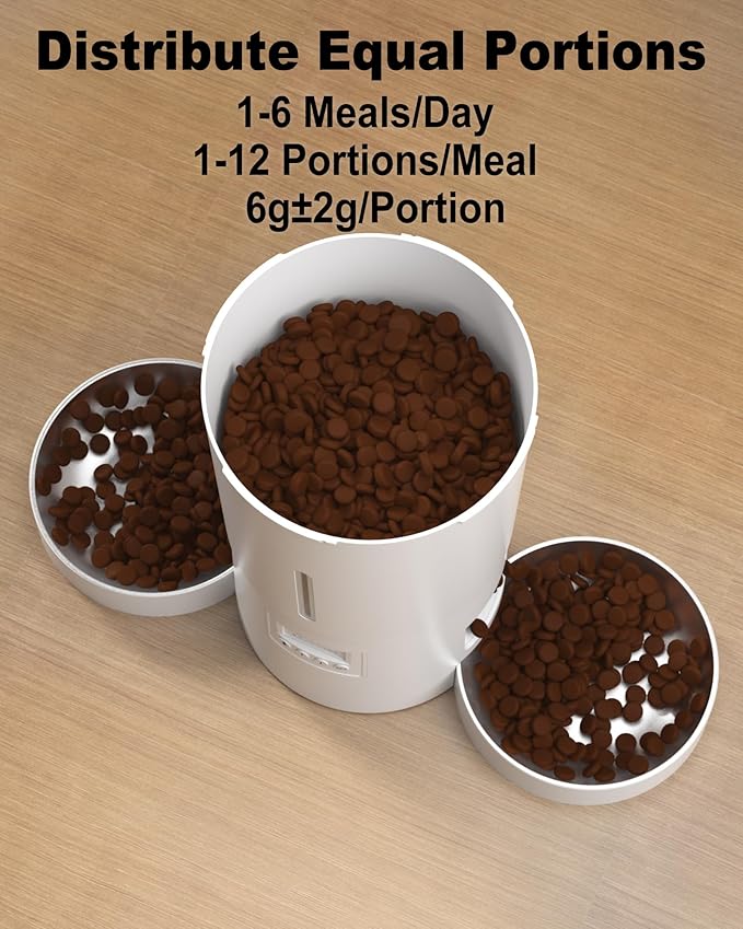 Automatic Cat Feeder for 2 Cats,6 Meals/Day,12 Portions/Meal,Dual Power Double Bowls,Dry Pet Food Autofeeder,10S Voice Record,Flexible Programmable Schedule Timer(White,Stainless Dual Bowls)
