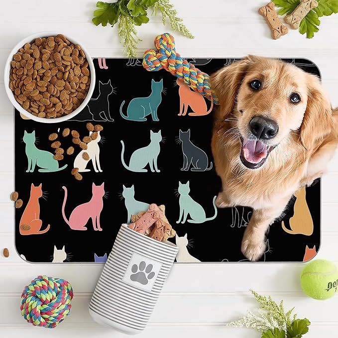 Cute Cat Dog Food Mat,Colorful Silhouette Absorbent Pet Feeding Mat with Rubber Backing,Non-Slip Water Bowl Placemat,Indoor Pet Accessories Supplies 12"x20"