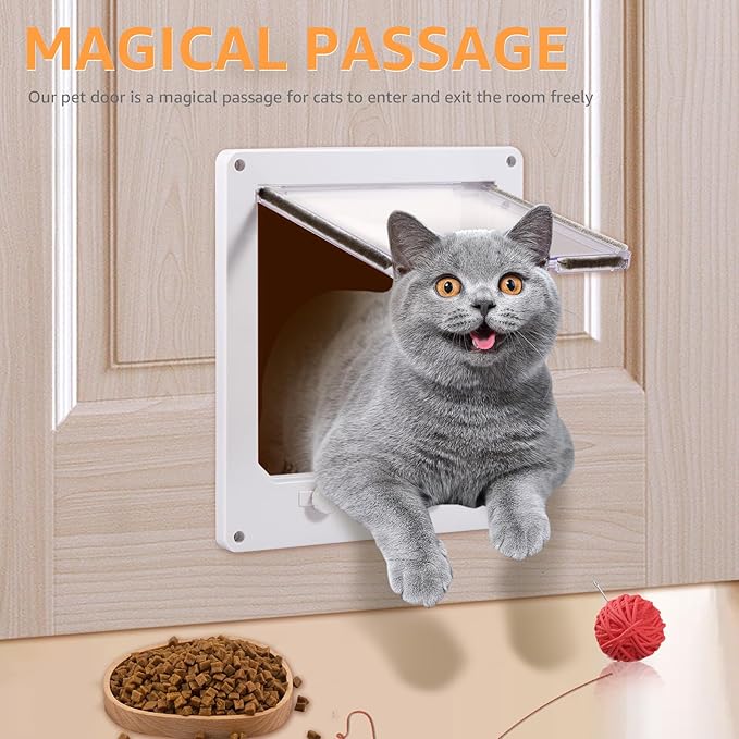 White Plastic Interior Cat Door Easy to Install Upgraded Pet Door with Flap and 4 Way Locking for Interior Doors Medium Cats Kitties