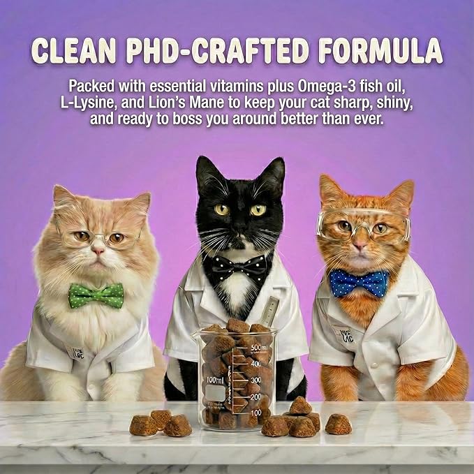 Human-Grade Cat Multivitamin | 15-in-1 Cat Vitamins for Indoor Cats + Fish Oil + L-lysine + Lion's Mane | Feline Vitamins and Supplements | 45 Day Supply of Soft Chews