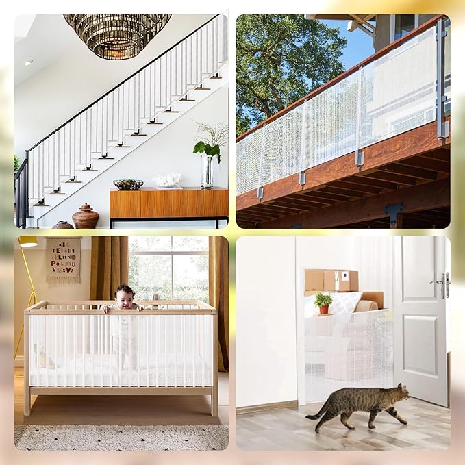 Banister Guard for Baby，15X3ft Balcony Safety Net for Kids,Stair Safety Net for Kids,Railing Covers for Stairs,Baby Stair Net Fit for Child, Small Pet, Toy - White