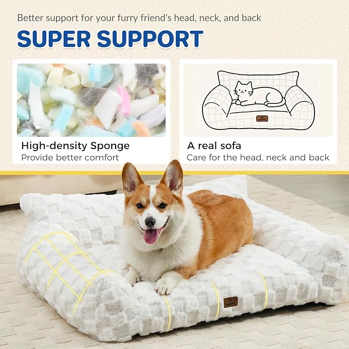 Cat Bed Cats Couch for Puppy and Kitten, Fluffy Pet Couch Small Dog Sofa Bed, Supportive Cat Sofa for Indoor Cats, Washable Cover & Non-Slip, 26 inch, White