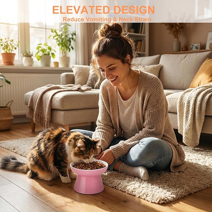Ceramic Raised Cat Bowl, Elevated Cat Food Bowl with Non-Slip Base,Whisker Friendly Shallow Feeder for Dry & Wet Food, Dishwasher Safe, Anti Vomiting (Pink)
