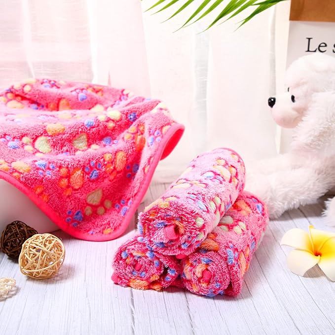 Tatuo 4 Pcs Dog Blanket for Pet Puppy Teething Toys Paw Print Fleece Blanket for Pet Cat Soft Warm Sleep Mat Guinea Pig Cage Mat(Small(24 x 16 Inch),Pink)