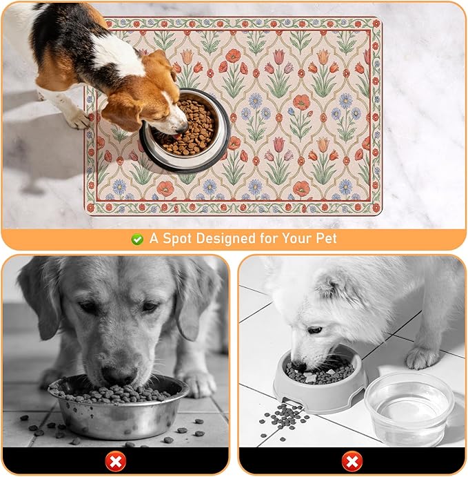 Dog Bowl Mat for Food and Water - Hamdwerk Absorbent Anti Slip Cat Feeding Mats for Floors, Quick Dry Pet Dog Feeding Matts, Diatomite Pet Dish Placemat Supplies, Vintage Floral Style, 12 * 20in