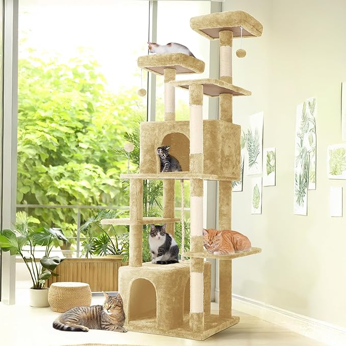 69-Inch Tall Cat Tree Tower with Scratching Post, Multi-Functional Cat Shaped Design Tower with Condos, Scratcher, Pompoms, for Climbing, Lounging and Playing (Beige)