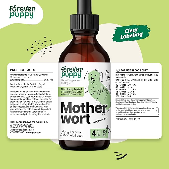 Forever Puppy Motherwort Tincture for Dogs - Herbal Dog Heart Supplement - Motherwort Herb Liquid Extract - Canine Vitamins for Overall Well-Being - Sugar & Alcohol-Free Drops - 4 fl oz