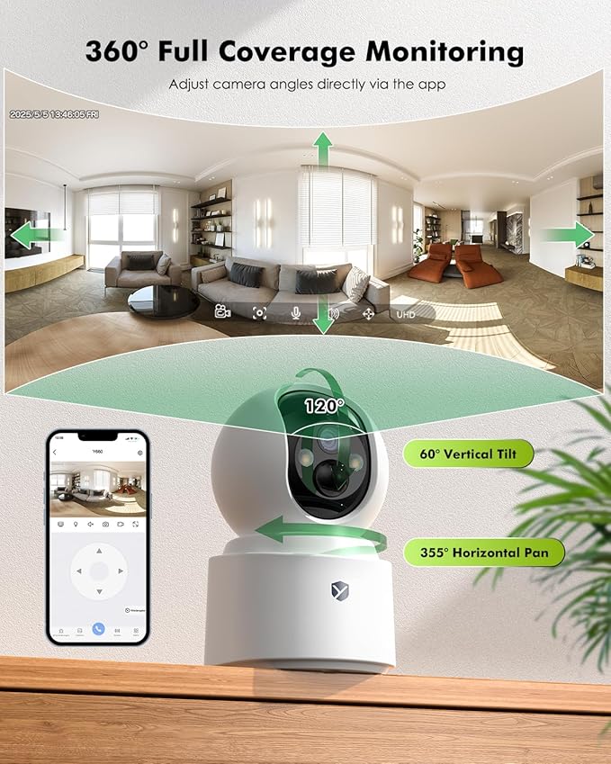 Battery Powered Indoor Security Camera Wireless, 6000mAh Rechargeable PTZ WiFi Camera for Home Security, Dual-Band 2.4GHz/5GHz, 2.5K 4MP Color Night Vision, SD/Cloud Storage, 2-Way Audio