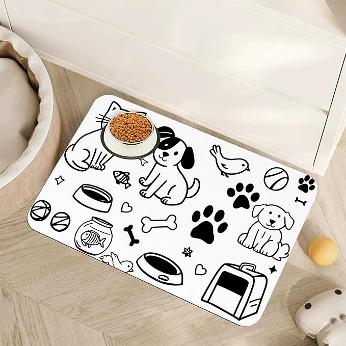 Cute Cat Bird Paw Print Dog Cat Food Mat,Absorbent Pet Feeding Mat with Rubber Backing,Non-Slip Water Bowl Placemat,Indoor Pet Accessories Supplies 12"x20"