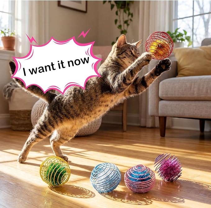 Jecery 5 Pcs Cat Spring Toys Stretchable Rolling Balls Colorful Playful Coils Interactive Action Toy Caged Rats for Kitten Pet Supplies (Glitter Balls,Multicolor)