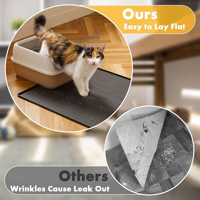 Pieviev Silicone Cat Litter Trapping Mat, 34''x22'' Large Cat Litter Mat, Easy to Clean & Soft on Kitty Paws, Waterproof Kitty Litter Pads for Indoor Cats, Dark Grey