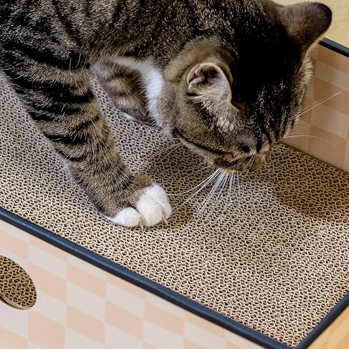 Conlun Cat Scratcher Box with 3-Layer Corrugated Board, Heavy-Duty Double-Sided Cardboard Cat Bed, Interactive Hole Design, Checkered, Large