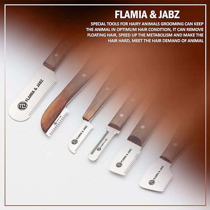 FLAMIA & JABZ FJ Professional Stripping Knife kit (6 pieces set) for Dogs & Pets, Wooden Handle Grip with Stainless Steel Blade (Right handed) (Rosewood)
