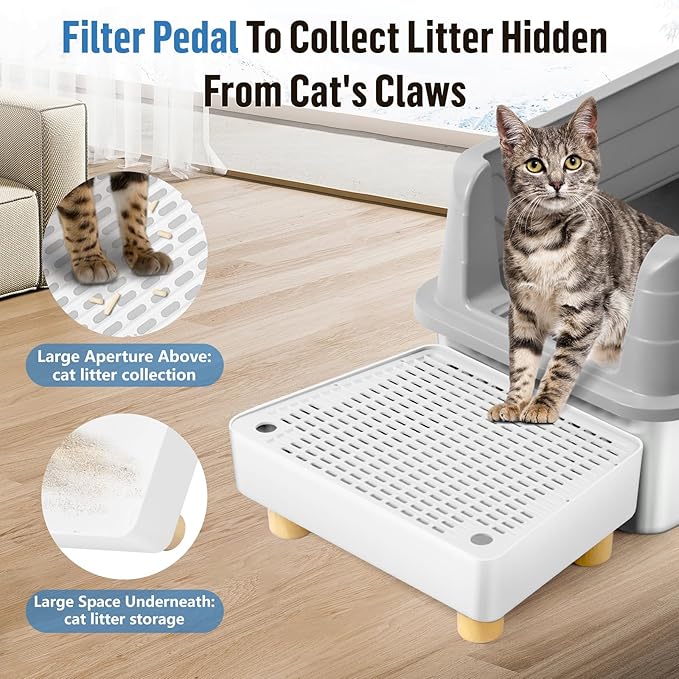 Extra Large Cat Litter Box Step Ramp, Cat's Litter Catcher Mat with Wooden Feet, Filter Function, Pedal Stool for Self-Cleaning Cat Litter Box, Ideal for Kitten & Elderly Cats (White)