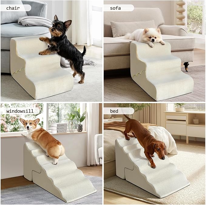 Pet Dog Stairs for Small Dogs, 2 in 1 Transformable 3-Step Pet Stairs and Wave Anti-Fall Slope for Short Legs and Long Legs Dog, for Couch (12-19 in) with Durable Non-Slip Waterproof Cover（Beige）