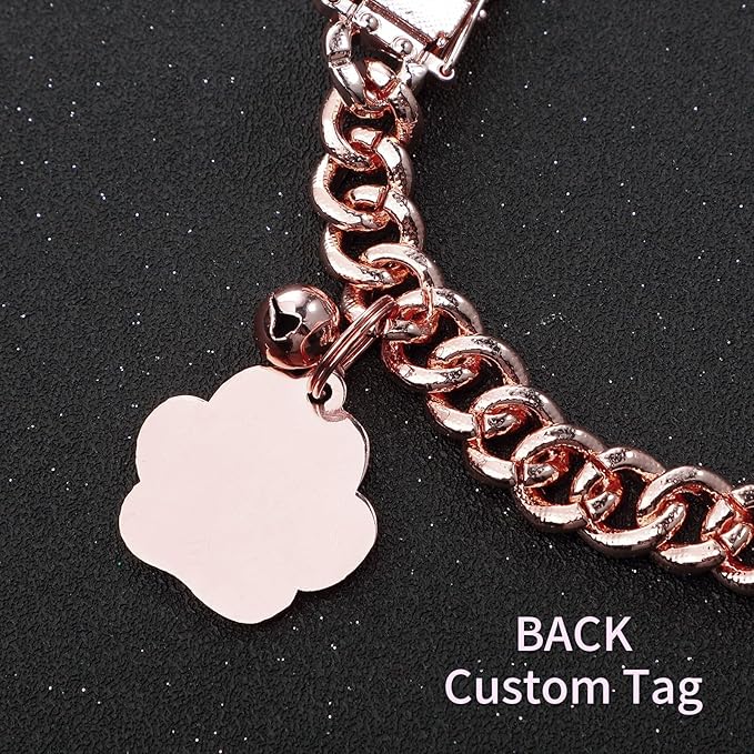 Hillban Cat Collar Diamond Chain Glitter Collar Walking Metal with Secure Buckle Cat Pet Necklace with Paw Charm and ID Tag Bell Link Cuban Jewelry Accessories Gift(8 Inch,Rose Gold, Pink)