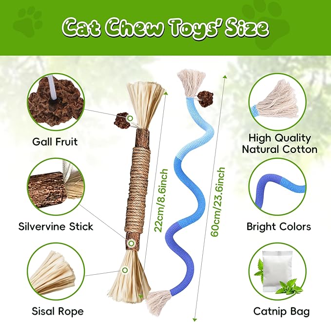 Silvervine Sticks for Cats & Cat Chew Rope Toy with Refillable Natural Catnip Bag for Teeth Cleaning, Interactive Cat Catnip Toys for Indoor Cats, Kitten Teething Toys for All Breeds (12Pcs)