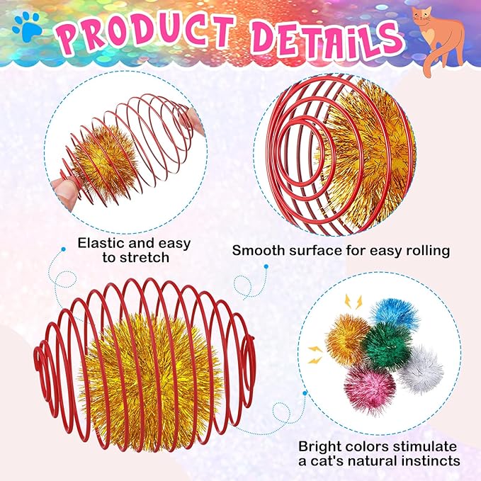 Jecery 5 Pcs Cat Spring Toys Stretchable Rolling Balls Colorful Playful Coils Interactive Action Toy Caged Rats for Kitten Pet Supplies (Glitter Balls,Multicolor)
