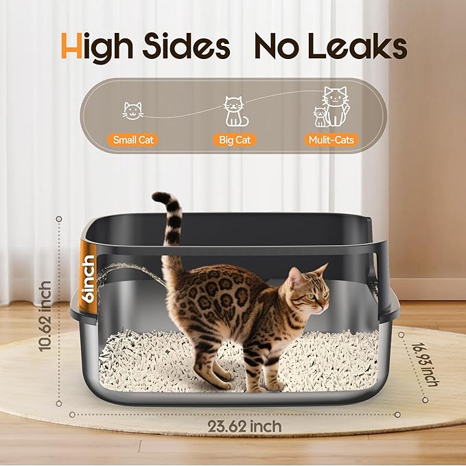 Stainless Steel Litter Box XL Extra Large Enclosed Cat Litter Boxes with Lid for Big Cats Metal Litter Pan High Sided Splash Proof, Anti-Urine Leakage, Easy Clean, Non-Stick, Includes Scoop (Grey)