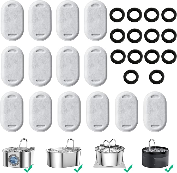 RBAYSALE Cat Water Fountain Replacement Filters - 28 Pack Triple Action With Carbon Filter and Pre-Filter Sponges (14 Filters & 14 Sponges) for Pet Water Fountains