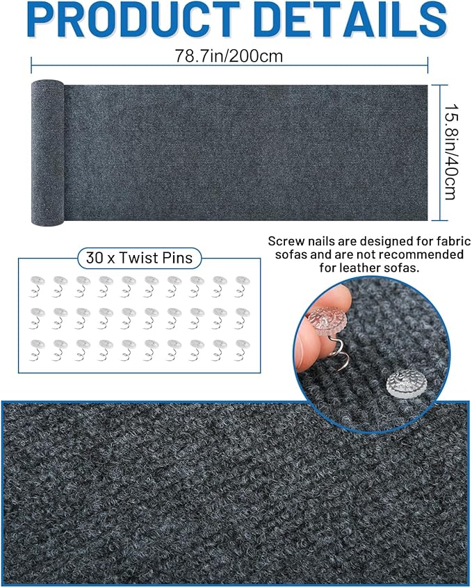 Cat Scratch Couch Furniture Protector, 78.7in x 15.8in Self-Adhesive Cat Scratch Mats, Trimmable DIY Cat Scratcher Pads for Wall, Couch Corner, Cat Tower and Replacement Pads (Gray)