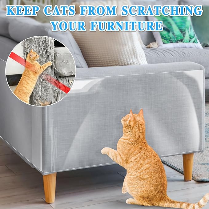 Anti Cat Scratch Furniture Protector - Thickened Vinyl Single-Sided Sticky Couch Protector for Cats Dogs, Flexible Couch Corner Guard Under Cats Claw, Cat Scratch Deterrent Tape, 130"x9.4"