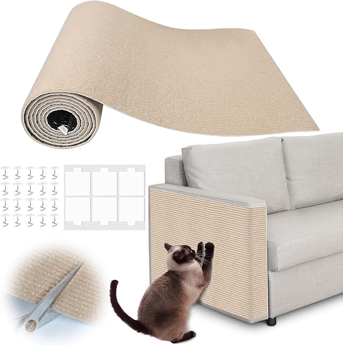 Cat Scratch Furniture Protector - 78.7" x 13.8" Trimmable Self-Adhesive Cats Claws Scratch Pads, DIY Cat Climbing Couch Protector for Scratch Post Cat Tree Replacement Indoor (Khaki)