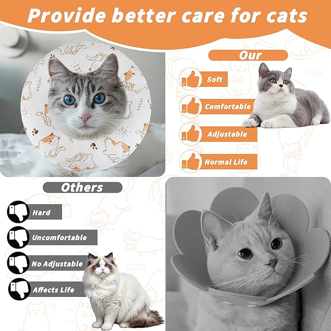 Soft Cat Cone Collar, Cute Cats Recovery Collar Suitable for Small, Medium, Large cat,Elizabethan Neck Collar for Cats After Surgery (White Cat, Small)