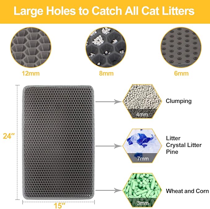 LeToo Cat Litter Mat Grey Trapping for Litter Box, No Slip & Large, Urine & Waterproof, Honeycomb Double Layer Anti Tracking Kitty Mats, No Phthalate, Washable Easy Clean (24" x 15", Grey)