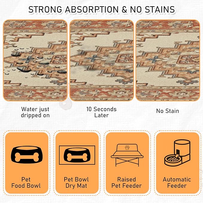 Pet Dog Food Mat - Absorbent Diatomite Dog Cat Feeding Mats for Food and Water, Anti Slip Dog Cat Bowl Placemat for Floors, Quick Dry Pet Dish Matts Supplies, Bohemia Style, 17 * 30in