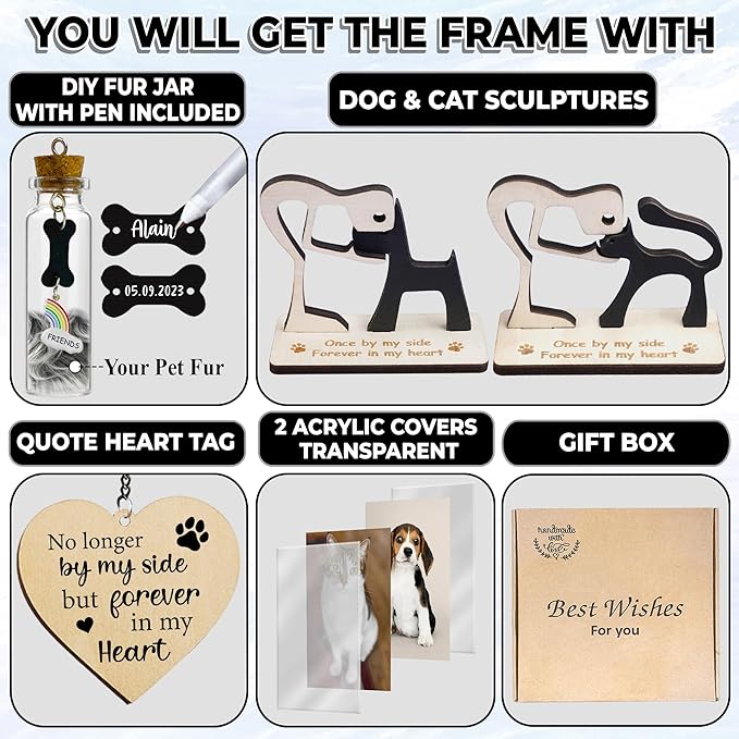 Pet Memorial Gift for Dogs Cats, Natural 360 Rotating Wooden Picture Frame 4x6 Photo, Pet Hair Keepsake Fur Jar Rainbow Bridge , No Longer By My Side But Forever in My Heart, Animal Loss Gift PR-3N