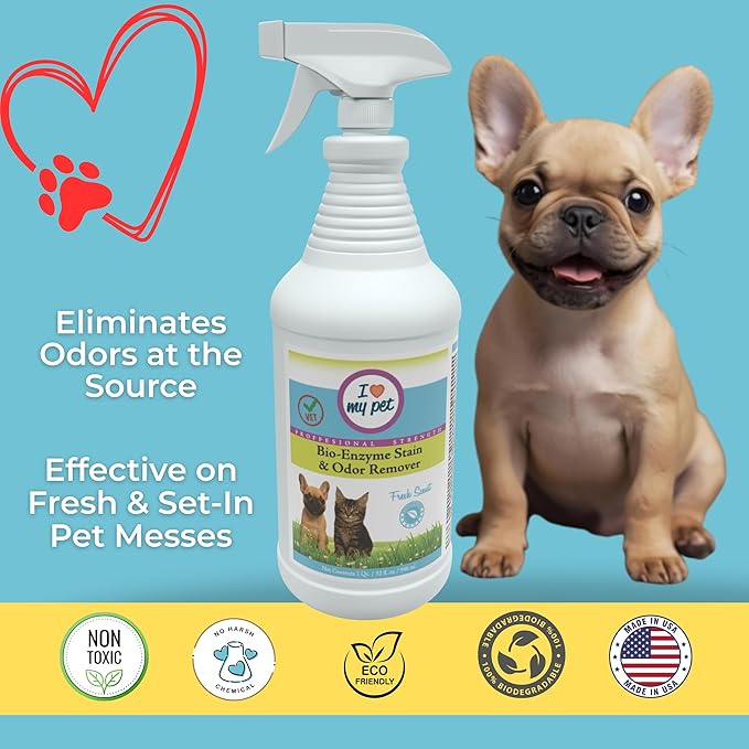 I Love My Pet Enzyme Stain & Odor Eliminator for Dog & Cat Urine – Professional Strength Cleaner for Carpets, Furniture & Upholstery – Pet-Safe, Works on Set-In Odors – 32 oz