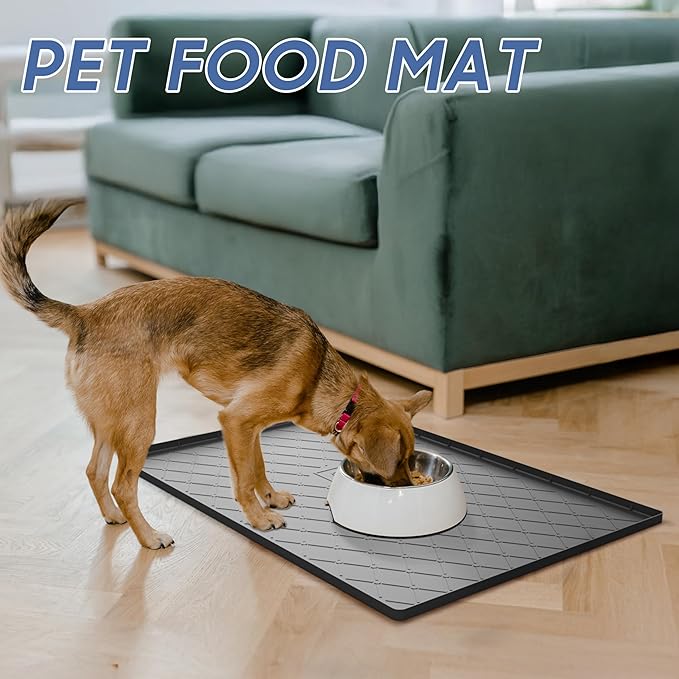 URMONA Large Dog Food Mat, 37" x 22" Pet Food Mat, Waterproof Dog Cat Food Mat with Raised Edges, Silicone Pet Food Mat, Dog Accessories, Prevents Food Spills, Protects Floors, Easy to Clean Fast