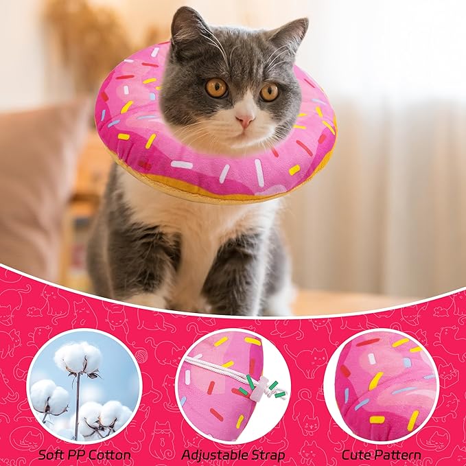 Seyezo Cat Cone Collar Soft, Adjustable Cat Recovery Collars Kitten Cones to Stop Licking, Cute Donut Neck Collar After Surgery, Elizabethan Kittens Protective Cones After Spay (Donut Pink, Medium)