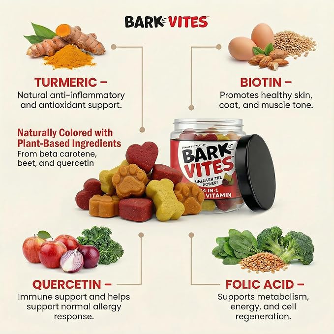 14-in-1 Multivitamin Soft Chews for Dogs - Turmeric, Quercetin, Yucca Schidigera, Beta Carotene, Vitamins A, B1, B2, B5, B6, B12, D3, E, & Biotin, Digestive, Joint & Immune Support, 90ct