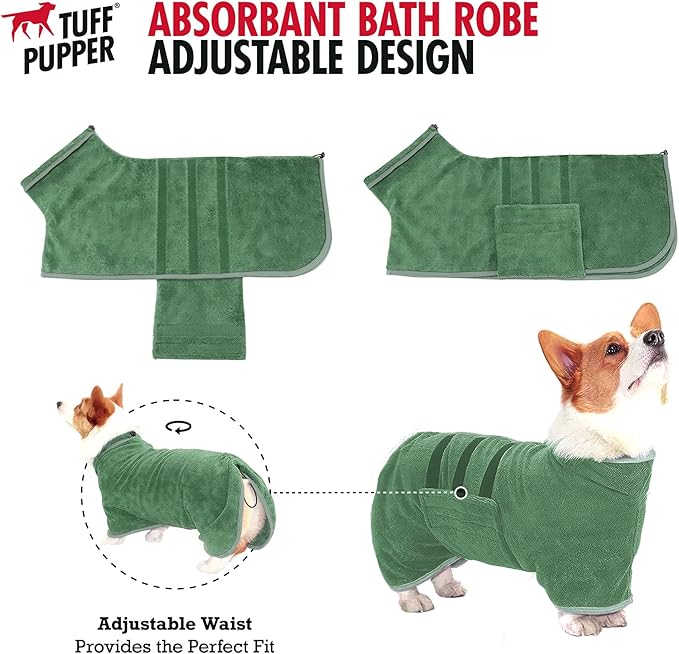Tuff Pupper Fast Drying Dog Bath Robe | 800 GSM Plush Dog Towel Bathrobe/Dressing Gown | Super Absorbent Pet/Puppy Bathrobe | Adjustable Hood & Belly Strap | Super Soft | Fast Drying (XXL, Green)