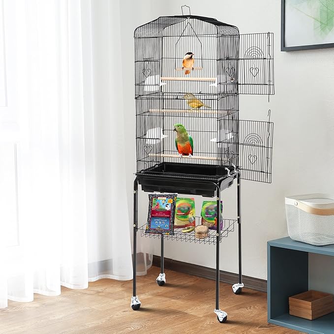 Nova Microdermabrasion 63 Inch Medium Pet Bird Cage with Detachable Rolling Wrought Iron Stand for Cockatiel, Sun Conure, Parakeet, Finch, Budgie, Lovebird, and Canary Birds