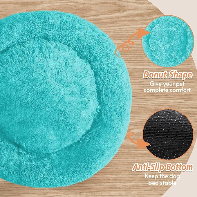 JOLLYVOGUE Calming Dog Bed Large Size Dog, Anti-Anxiety Donut Large Pet Bed, 36 inches Fluffy Faux Fur Round Cat Bed, Fits up to 75 lbs Pets (Aqua Blue)