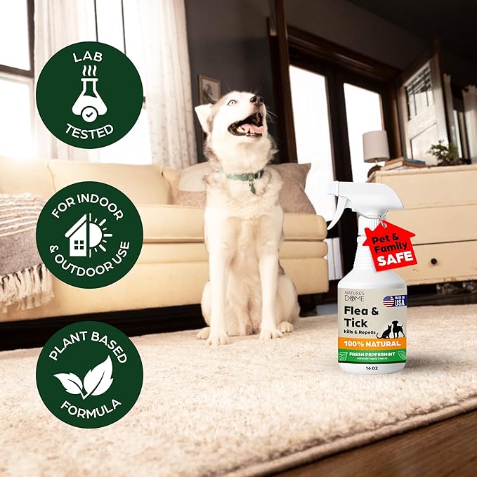 Nature’s Dome Peppermint Flea & Tick Spray – 16 oz – Kills & Repels Fleas, Ticks, Larvae & Eggs – Plant-Based Pest Control – Safe for Pets, Kids & Plants – Ready-to-Use