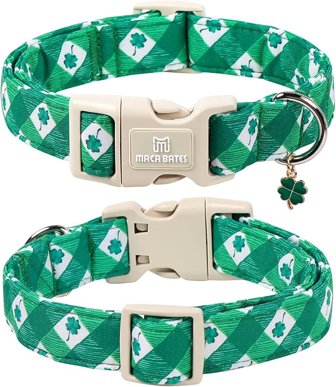 Maca Bates St. Patricks Dog Collar with Clover Charm for Extra Small Girl Boy Dogs, Green Plaid,Argyle Pattern,Adjustable Durable Soft Checkered Collars Irish Shamrock Gift for Male Female Puppy
