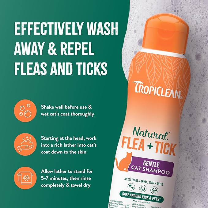TropiClean Gentle Flea Shampoo for Cats, Flea and Tick Prevention for Cats, Powerful & Natural Defense, Made in USA, 12 oz.