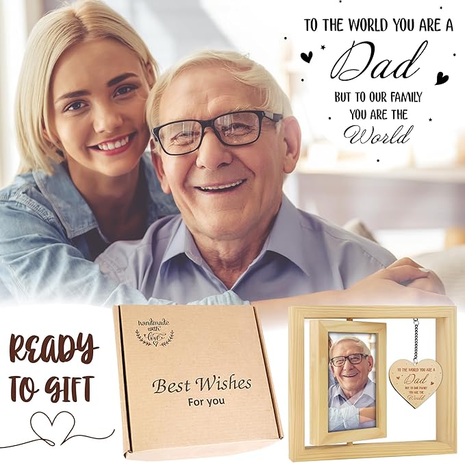 Father's Day Gift Rotating Picture Frame, Dad Frame Fits 4x6 Photo, To the World You Are a Dad Wooden Keepsake Ideas Birthday Gift for Father Stepdad from Daughter Son Tabletop Display HR-DAD-N