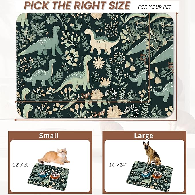 Cute Dinosaur Dog Cat Food Mat,Forest Absorbent Pet Feeding Mat with Rubber Backing,Non-Slip Water Bowl Placemat,Indoor Pet Accessories Supplies 16"x24"