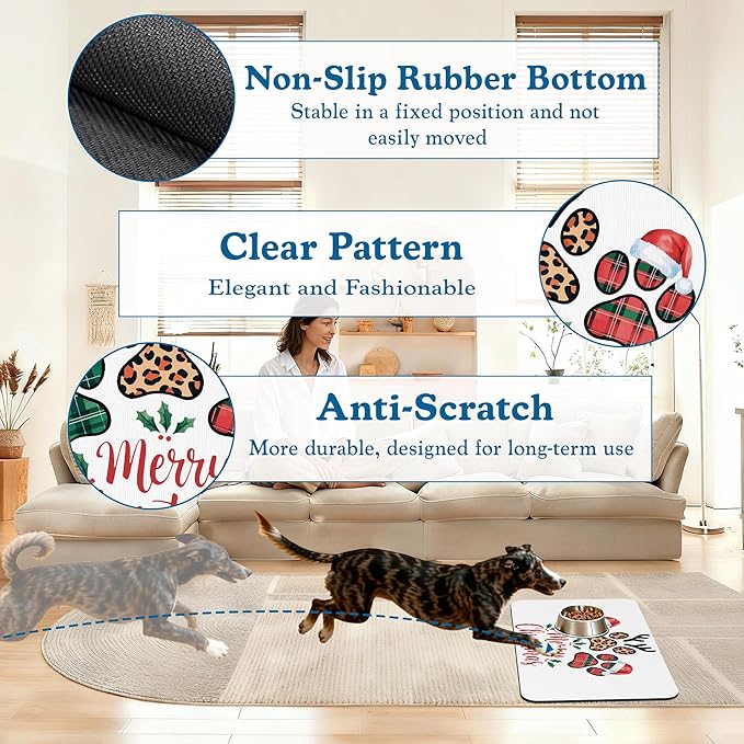 Dog Christmas Dog Food Mat–Christmas Stocking Absorbent Quick Dry Feeding Placemat for Food and Water Bowls, Non Slip Rubber Backing, Waterproof Pet Supplies for Mess-Free Eating 12"x20"
