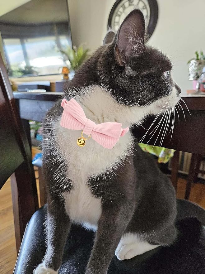 2 Pack Soft Corduroy Cat Collars with Bow Tie & Bell, Adjustable Breakaway Cotton Kitty Bowtie Collar for Female Male Cats(Grass Green & Pink)