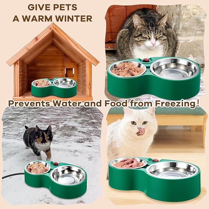 Heated Cat Bowl with Soft Indicator Light – Double Removable Stainless Steel Bowls, Freeze-Proof Water & Food, Overheat Protected, Chew-Resistant Cord, UL Listed