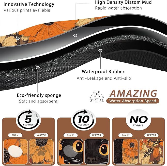Black Cat Dog Food Mat for Floors,Fall Flower Daisy Absorbent Pet Food and Water Bowl Mats,Non-Slip Pet Feeding Mat,Pet Supplies 16" x 24"