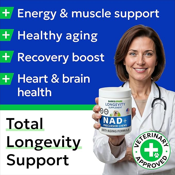 BARK&SPARK NAD+ for Dogs - Advanced Longevity Formula for Healthy Aging - Resveratrol, Quercetin & Nicotinamide - NMN Alternative for Senior Dog Vitality & Brain Health - Peanut Butter - 90 Ct